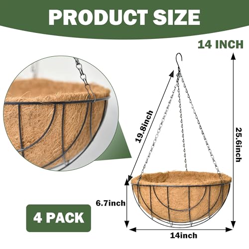 4 Pack 14 Inch Hanging Baskets for Plants Outdoor Metal Hanging Planter Basket with Coco Coir Liner Hanging Flower Baskets Hanging Flower Pots Holder for Garden, Patio(Earth) - size: 14 Inch, style: Country Rustic
