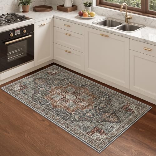 Roxstand Washable Runner Rug 2x4 - Vintage Non-Slip Small Area Rugs for Entryway, Low-Pile Stain Resistant Indoor Rug for Laundry Room Kitchen Bathroom Dining Room (Grey/Brown/Tan) - color: Grey/Brown/Tan, size: 2'x4'