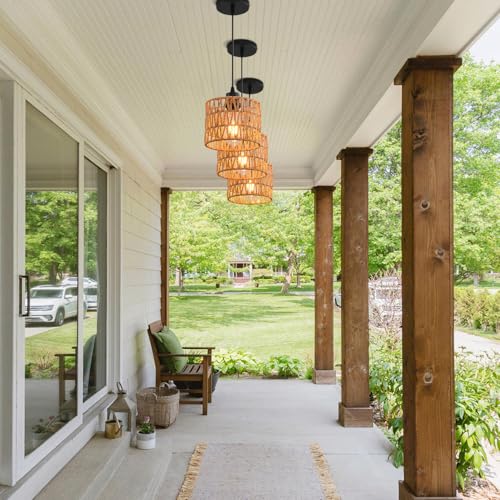 Woven Pendant Light Boho Chandelier, Rattan Pendant Lights Kitchen Island, Farmhouse Pendant Lighting with Hand Woven Wicker Shade, Boho Chandelier Light Fixtures Ceiling Hanging Light - color: 3 Pack Brown