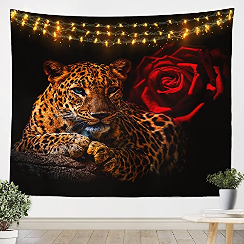 Feelyou Rose Cheetah Tapestry Wall Hanging Leopard Print Tapestry for Kids Boys Girls Romantic Red Rose Floral Wall 3d Animal Theme Art Decor for Bedroom Living Room Large 59x82 - color: Multi 021, size: 82"L x 59"W