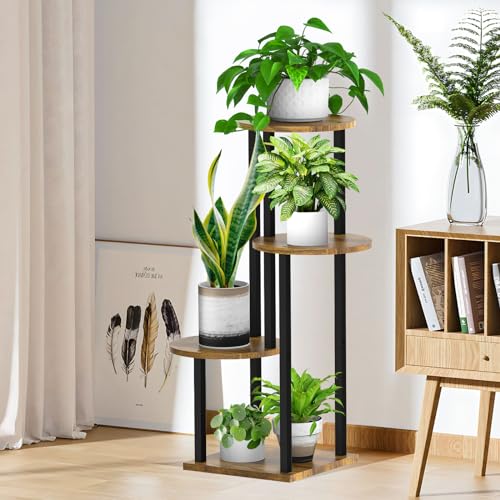4 Tier Wood Tall Plant Stand Metal Rack Indoor, Multiple Flower Pot Holder Shelves Corner Rack, Round Planter Shelf Display Rack Storage Organizer for Patio Living Room Balcony(Black+Brown) - color: Black+Brown, size: 4 Tier