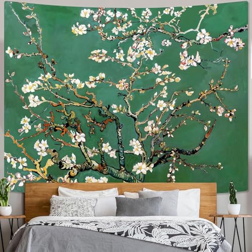 Yeoiat Van Gogh Tapestry Almond Blossom Floral Wall Tapestry, Tree Tapestries for Bedroom Art Tapestries Wall Hanging for Bedroom Living Room 36"x48" - color: Green White, size: 48"L x 36"W