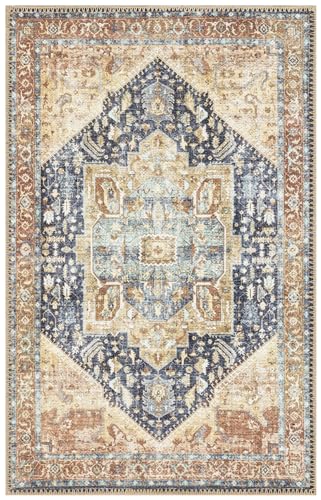 Keen Home Design 2x3 Rug - Machine Washable Entry Rug with Non-Slip Backing, Ideal for Enteryway, Kitchen, Bathroom, Laundry Room - Vintage, Easy Clean, Durable, Low Pile Rug - (2' x 3') - color: Blue / Brown, size: 2' x 3' (Rectangular)