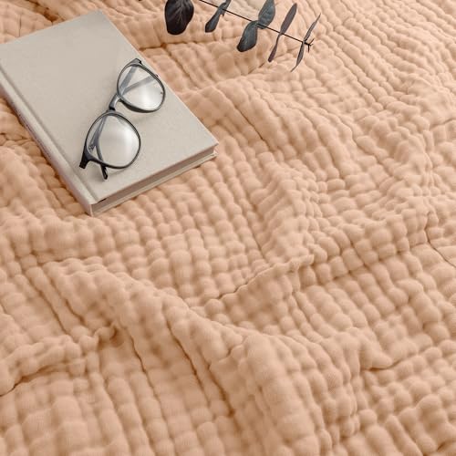 Comfy Cubs Muslin Throw Blanket - 50” x 60” Quilted Design - Lightweight, Breathable 6-Layer Gauze Fabric - Soft Cotton Blanket for Home or Travel - Packaged in Elegant Gift Box - Cream - color: Cream, size: Throw - 50" X 60"