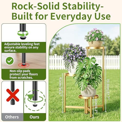 3 Tier Gold Plant Stand Indoor with 7.9 Inch Wide Tray, 3-Tiered Corner Metal Outdoor Flower Holder Stand, Folding Tall Rack for Display Shelf for Patio Porch Balcony - GoldDisk - color: GoldDisk, size: 3-tiers