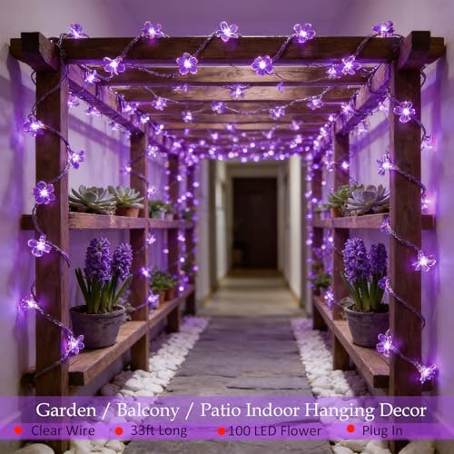 Decorative Connectable 33ft Purple Flower String Lights with 100 LEDs, Memory Function & 8 Modes. Perfect for Bedroom, Christmas, Weddings, Valentine's & Garden Indoor Outdoor Hanging Decorations - color: Purple