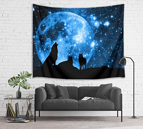 HVEST Wolf Tapestry Wolves on Mountain Wall Hanging Full Moon in Starry Sky Tapestries for Kids Bedroom Living Room Dorm Party Wall Decor,59Wx51H inches - color: Blue, size: 51"L x 59"W