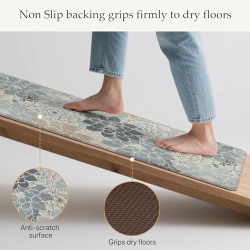 GENIMO Kitchen Mats for Floor, Kitchen Rugs Non Slip Washable Sets of 2, Waterproof Cushioned Anti Fatigue Mat, Floral Runner Rug for Laundry, Sink, Office, Home, 17.3"x59"+17.3"x30", LightBlue - color: Light Blue, size: 17.3"x59"+17.3"x30"