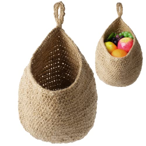 2Pcs Jute Hanging Fruit Baskets, Teardrop Onion Basket for Vegetables, Handmade Jute Wall-Mounted Organizer, Boho Wall Decorative Storage Basket for Kitchen, Living Room, Bedroom