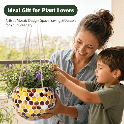 Hanging Planter Mosaic Garden Pot Small Flower Pot for Indoor Plant Disco Ball Hanging Planter with Drainage Yellow Bee - color: Yellow