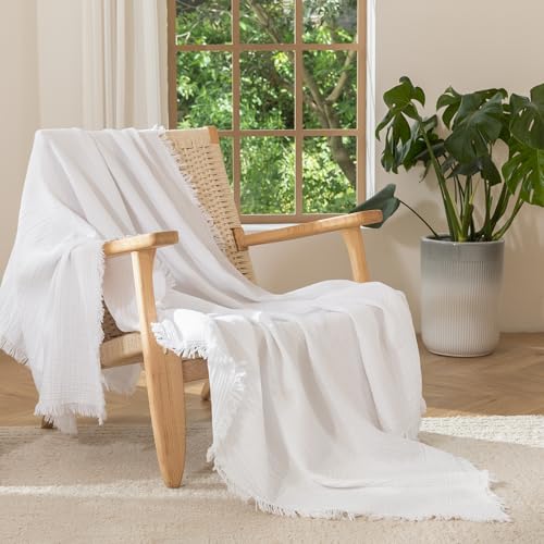 MooMee Muslin Blanket - 100% Cotton 4-Layer Gauze Throw Blanket with All-Around Fringe, Soft Breathable Lightweight Cooling Summer Blankets for Bed Couch (Bright White,Throw XL 50" x 70") - color: Bright White, size: Throw XL