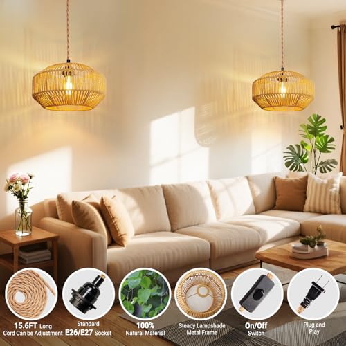 Hanging Light Ceiling Lamp Pendant Lights Rattan Hanging Lamp with Plug in Cord for Living Room Bedroom Kitchen Indoor Hanging Lamp Plug in Woven Lampshade - size: 11.8 Inch - Pumpkin Shade