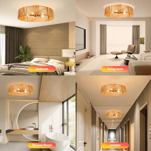 24" Natural Rattan Ceiling Light, Semi Flush Mount Gold Ceiling Light Fixture, 5-Light Boho Chandelier Antique Brass Brush Paint Farmhouse Lamp Fixture for Bedroom Living Room Kitchen Island
