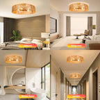 24" Natural Rattan Ceiling Light, Semi Flush Mount Gold Ceiling Light Fixture, 5-Light Boho Chandelier Antique Brass Brush Paint Farmhouse Lamp Fixture for Bedroom Living Room Kitchen Island