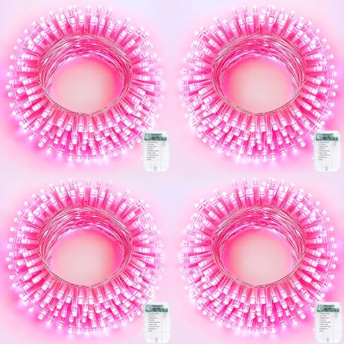 Pooqla 4 Pack String Lights Battery Operated, Total 66.6ft 200 LED Fairy Lights Indoor Outdoor Decorations, 8 Modes Pink Battery Lights for Bedroom Classroom Porch Party Yard Wedding Decor - color: Pink, size: 50 LED x4