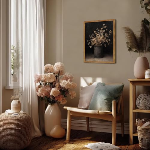 Framed Vintage Floral Wall Art, Rustic Dark Moody Flower Paintings Wall Decor, Retro Farmhouse Botanical Pictures Canvas Prints Neutral Aesthetic Home Decor for Living Room Bedroom 12x16 inch - color: Dark-2, size: 16"L x 12"W