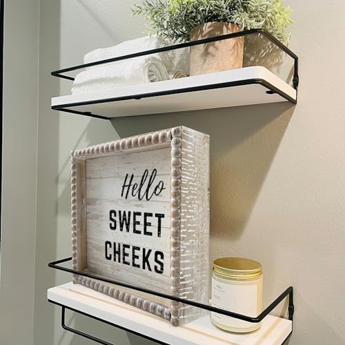 Boho Farmhouse Wooden Framed Bathroom Decor Signs, Funny Restroom Decorative Plaque Small Cute, Toilet Rules Shelf Decoration (Hello Sweet Cheeks) - color: Hello Sweet Cheeks