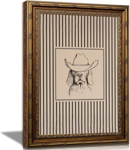 Vintage Gold Framed Western Cowboy Dog Wall Art -Striped Western Pet Canvas Decor Animal Sketch Artwork Picture for Living Room Bedroom Home Wall decor 12x16 Inches - color: Golden Retriever Dog In Cowboy Hat, size: 12"L x 16"W