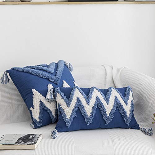 Geometric Embroidery Tufted Lumbar Throw Pillow Covers 12x20 Inch Farmhouse Cotton Canvas Woven Tufted Tassel Cushion Covers Home Decor (Blue,12"x20")