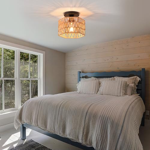 Hand-Woven Rattan Flush Mount Ceiling Light,Farmhouse Light Fixtures Ceiling Mount Boho for Hallway Bedroom Kitchen Entryway Living Room - color: Hexagon 2 Pack