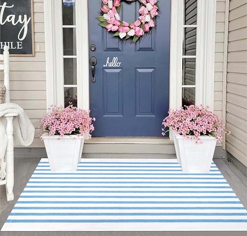 Striped Area Rug 27.5"x43",Light Blue and White Farmhouse Front Porch Rug Cotton Woven Washable Entryway Rug Indoor Outdoor Front Door Mat for Porch/Entryway/Home Entrance Decor - color: Blue White, size: 2'4" x 3'7" (Rectangular)