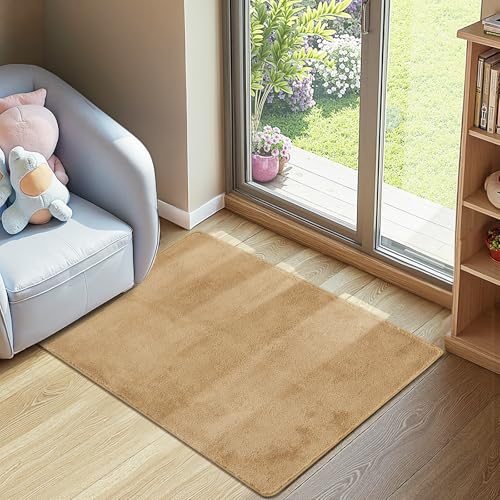 jinchan Solid Plush Area Rug 2x3 Performance Shaggy Washable Rug Indoor Entryway Doormat Soft Modern Faux Wool Cozy Non Slip Carpet for Living Room Kid Room Bedroom Nursery Tan - color: Solid Tan, size: 2' x 3' (Rectangular)