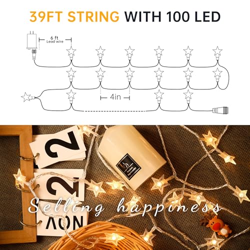 HEYFUNi Warm White Star String Lights,39FT 100LED Plug in Fairy Twinkle Lights with 8 Modes Waterproof for Indoor Christmas Tree, Home, Girls'Room, Garden, Party, Wedding, Classroom Decor(Warm White) - color: Warm White, size: 100 LED-Plug