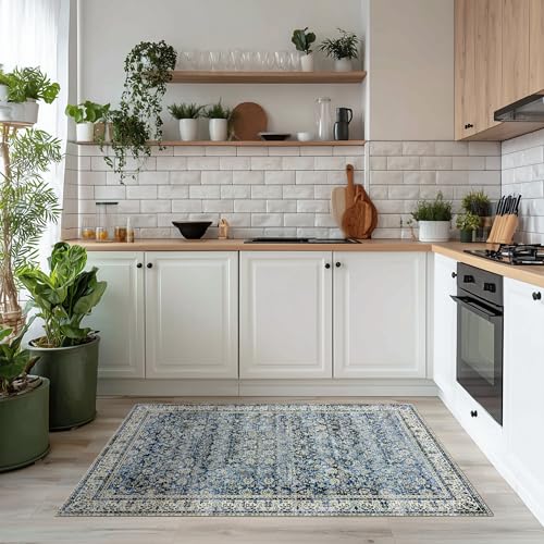 BILEEHOME Vintage Blue Kitchen Rugs 2x3 Dark Blue Distressed Low Pile Area Rug for Entryway Bathroom Washable Non Slip Boho Retro Floral Carpet for Side of Bed Entry 2 x 3 - color: Blue, size: 2' x 3' (Rectangular)