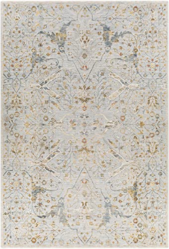 Hauteloom Kunzite Living Room, Bedroom Area Rug - Floral Medallion Border Distressed Leaf - Traditional Oushak Oriental Turkish Transitional - Denim, Light Gray, Cream, Gray, Beige - 2' x 2'11" - color: Denim, Light Gray, Cream / Bornova, size: 1'11" x 2'