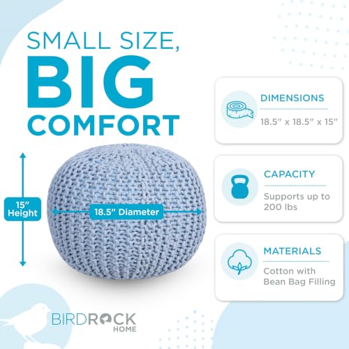 BIRDROCK HOME Round Pouf Ottoman Foot Rest - 18.5”x18.5”x15” Boho Compact Comfortable Soft Cotton Braided Foot Stool with Bean Bag Filling for Living Room, Bedroom, or Nursery (Soft Blue) - color: Soft Blue