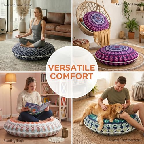 Codi Floor Pillows for Adults & Teens Set of 2, Large Boho Meditation Cushions with Memory Foam, Round Mandala Seating for Yoga, Home Office, Dorm Room, Washable, 32 Inch, Coral - color: Round | Coral, size: 2 Count (Pack of 1)