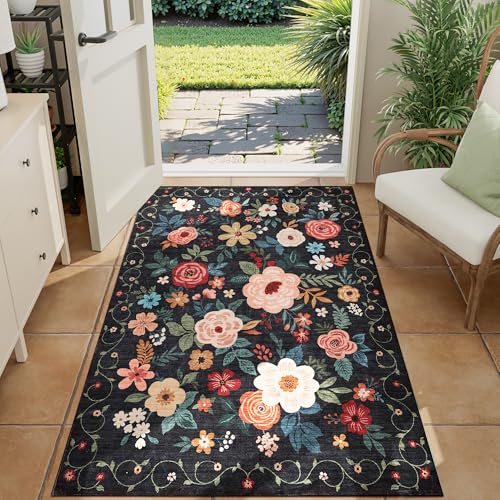 DUKINO 3x4 Area Rug, Lightweight Non Slip Washable Floral Rug, Indoor Low Pile & Non-Shedding Boho Design Carpets for Bedroom, Kitchen, Dining Room, Black - color: Black, size: 3' x 4' (Rectangular)