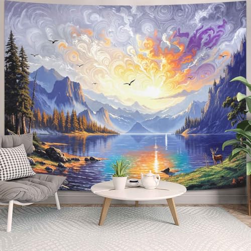 Wegklazax Sunset Lake Tapestry, Scenic Mountain Forest Wall Art for Room Decor, Vibrant Nature Home Decor 90" L x 70" W - color: White Blue, size: 90"L x 70"W