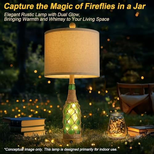 OYEARS 23'' Boho Table Lamps with Night Light for Living Room, Bedside Lamps Set of 2 with A+C Charging Ports for Bedroom, Farmhouse USB Lamps for Nightstand Console, Glass Bottle Rope Base, Green - color: Green