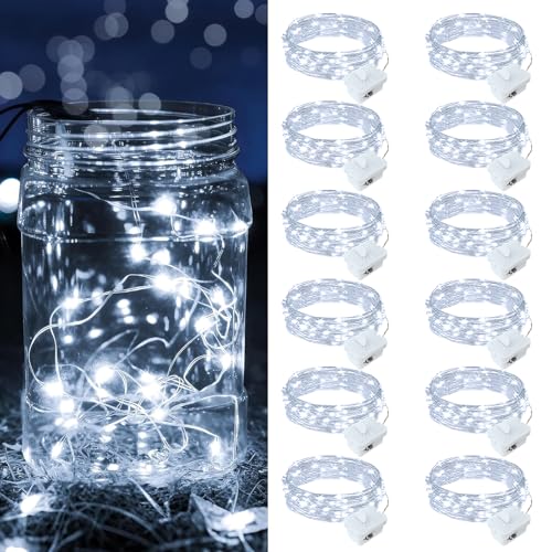 12 Pack White Fairy Lights Battery Operated, 7ft 20 LED Mini String Twinkle Lights for Christmas Halloween Easter Mason Jars Centerpiece Table Decorations (12, White) - color: White
