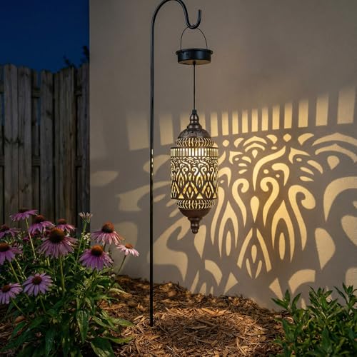 Twinkya Hanging Solar Lights Outdoor Garden Decor, Decorative Waterproof Metal Moroccan Solar Lantern Lamp, Outside Decorations for Patio Yard Porch Backyard Decor, Gardening Gifts for Women Mom - color: Retro Gold, size: 1pack