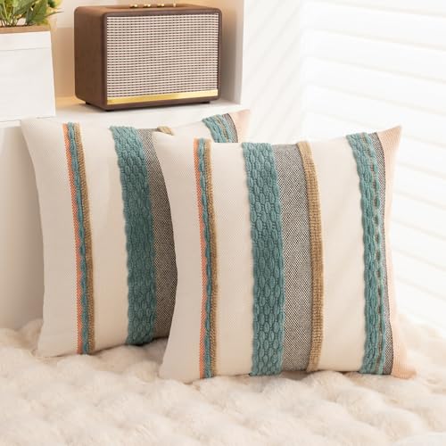Boho Throw Pillow Covers 18x18 Set of 2 Farmhouse Decorative Cushion Case Striped Square Pillows Cover Chenille Pillow Cases Accent Neutral Pillowcase for Sofa Couch Bed,Blue - color: Blue Stripe