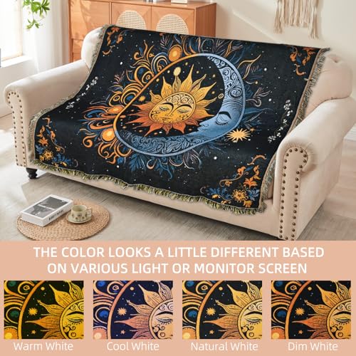 Boho Throw Blanket Reversible Cotton Bohemian Tapestry Hippie Room Decor Outdoor Blanket Double Sided (Black Sun Moon 50"x60") - color: Black Sun Moon, size: 50*60 inch