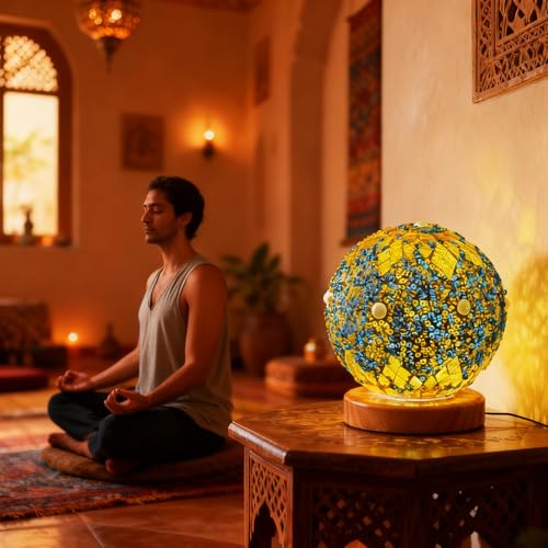 Morocco Mosaic Table Lamp Stained Glass Lamps with Wooden Base Turkish Sphere Decor Night Lights for Moroccan Style Meditation Room Office Desk Living Room Decoration(Maroc - Green, Maroc) - style: Morocco Green