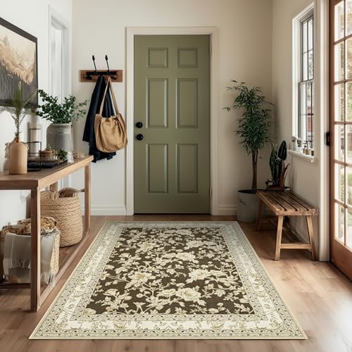Brown Floral Print Area Rugs for Bedroom Living Room Boho Farmhouse Country Rustic Dining Room Carpet Soft Washable Rugs Non Slip Floor Covering for Nursery Playroom 3x5 - color: Sketch Floral Brown, size: 3' x 5' (Rectangular)