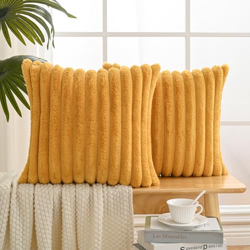Volcanics Set of 2 Faux Fur Plush Decorative Throw Pillow Covers 18x18 Inches, Striped Cushion Cases Soft Fluffy Accent Pillowcases for Sofa, Couch and Bed, Mustard Yellow - color: Mustard Yellow, size: 18" x 18" (Pack of 2)