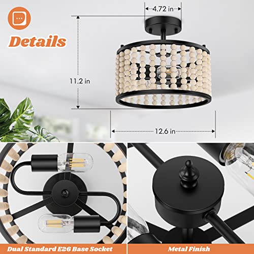 Farmhouse Boho Light Fixture - Wood Beaded Chandelier, Rustic Semi Flush Mount Ceiling Light, Black 2-Light Nursery Light Fixture for Kitchen Island Foyer Hallway Bedroom Living Room, E26 Base - color: Black Chandelier