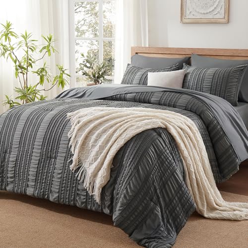 DHSFKBE Dark Grey Tufted Textured Comforter Set Queen Size, 7 Piece Bed in a Bag，Shabby Chic Boho Bedding for Bedroom Comforter，All Season Soft Microfiber Ruffle Comforter Set with Pillow and Sheets - color: Dark Grey, size: Queen
