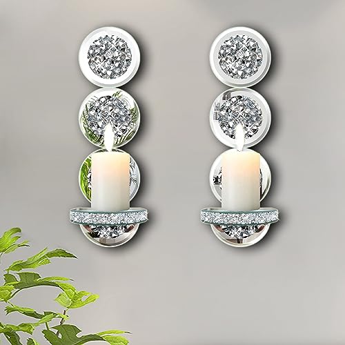 ZOLAPI Set of 2 Crystal Crush Diamond Candle Sconces, Gorgeous Silver Mirrored Wall Sconce, Round Candle Holder Glass Wall Decorations for Home Décor, Living Room, Dining Room. - color: Silver Mirror 0