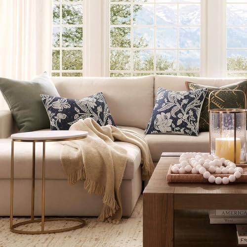 Navy Floral Pillow Covers 12x20：100% Cotton Vintage Throw Pillows Decorative Covers blue Boho Patterned Accent Modern Neutral Covers — Couch Sofa Bed Living Room Farmhouse Pillowcases Pack of 2 - color: Bf-navy Blue, size: 20" x 12" (Pack of 2)