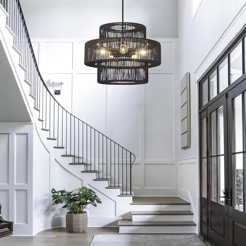 22" Black Boho Rattan Chandelier Light Fixture Hand Woven Farmhouse Pendant Lighting Rustic Boho Chandeliers for Dining Room Living Room Hallway Foyer 5 Lights - color: Black, size: 22 Inch