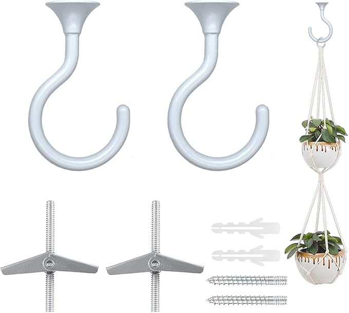 2 Sets Large Swag Ceiling Hooks 2.4 inch Heavy Duty Metal Ceiling Hooks for Hanging Plants and Lights, Fit for Wood, Concrete and Drywall Ceilings (White)