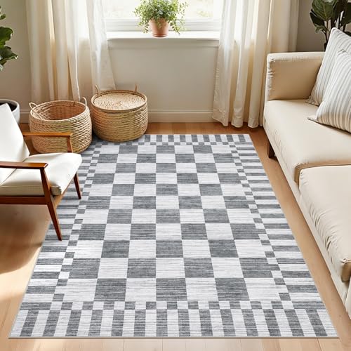 GarveeHome Grey Checkered Rug,Washable 3x5 Rug Non Slip for Entryway, Soft Low-Pile, Modern Farmhouse Geometric Small Area Rugs for Bedroom Kitchen - color: Grey, size: 3' x 5' (Rectangular)