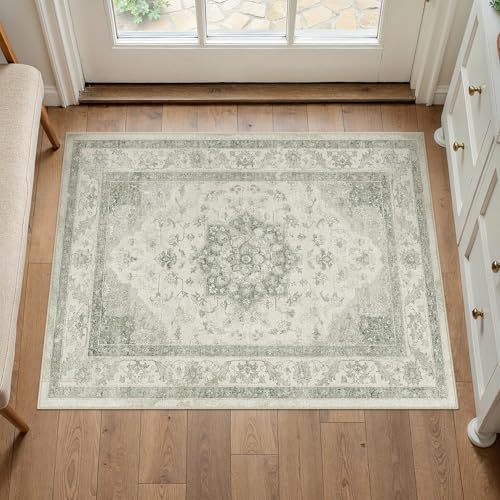 PureCozy Green Area Rug 2x3 Washable Entryway Carpet Vintage Kitchen Soft Retro Low Pile Thin Non Slip Door Mat Entrance Oriental Medallion Throw Rug for Bathroom Office Bedroom Dining Room - color: Green, size: 2' x 3' (Rectangular)