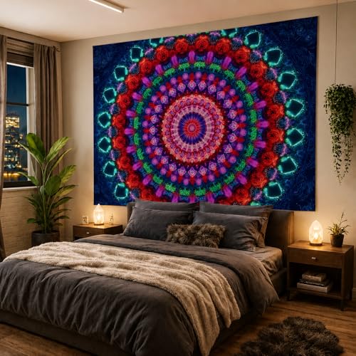 Manicer Blacklight Mandala Tapestry - UV Reactive Glow in the Dark Red Green Purple Bohemian Floral Wall Art Decor for Bedroom Living Room Dorm - 51.2" x 59.1" - color: Green